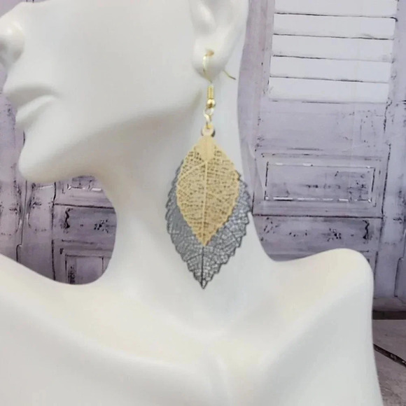 Golden and Black Skeleton Leaf two layer Dangle Earrings - Picture 5 of 8